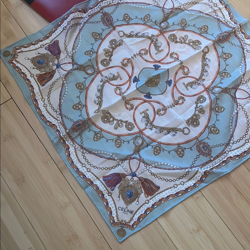 Celine Blue and Gold Silk Scarf 18”x18” - Picture 7 of 8